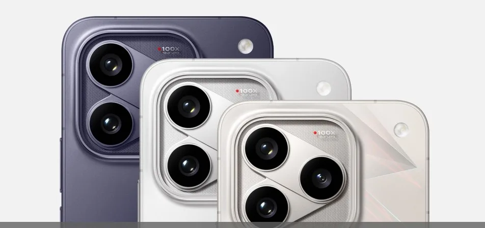 iQOO 16 smartphone showing its redesigned rear camera module in a purple Race Track finish
