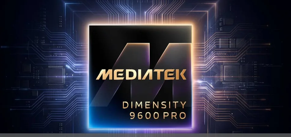 Reklamrendering av MediaTek Dimensity 9600 Pro-chipset som visar 2nm-mobilprocessorn
