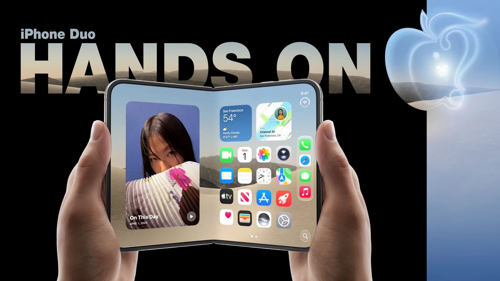 Apple's foldable iPhone Duo shown open, displaying the inner 7.6-inch screen and its crease