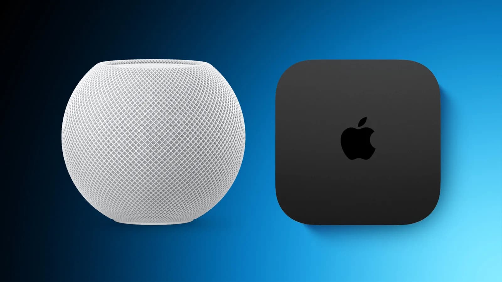 Apple TV set-top box and colorful HomePod mini speakers on display