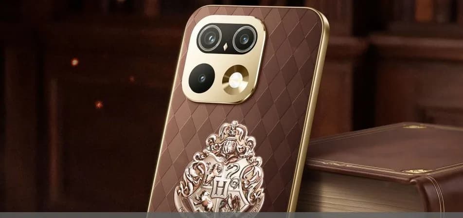 Realme 16 Pro Harry Potter Edition with brown leather back and Hogwarts crest