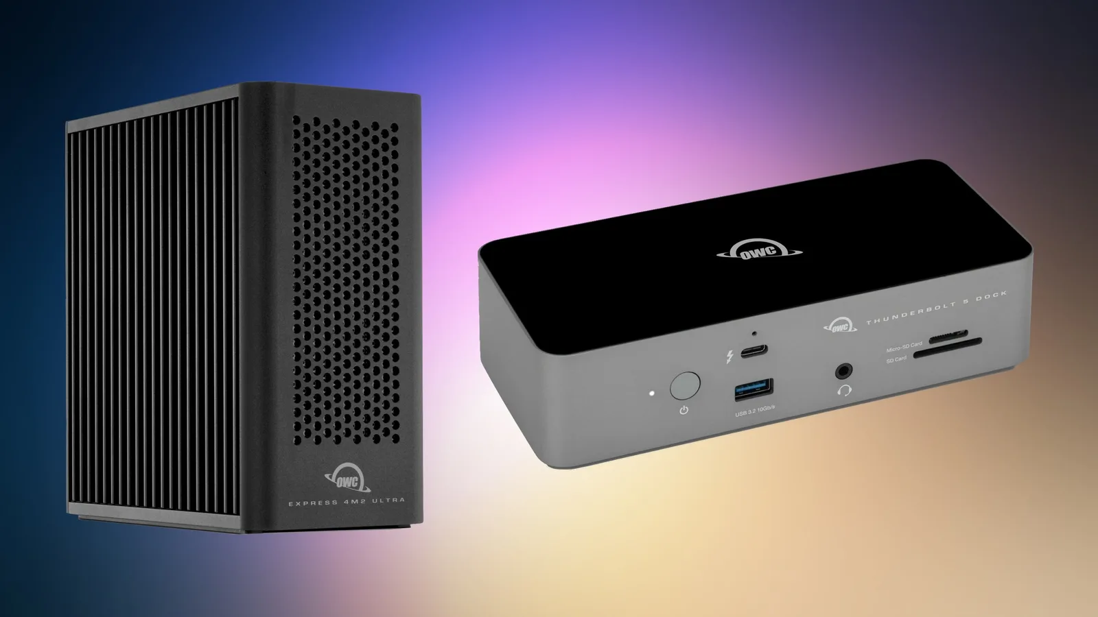 OWC Thunderbolt dock and external storage enclosures arranged on a desk near a Mac
