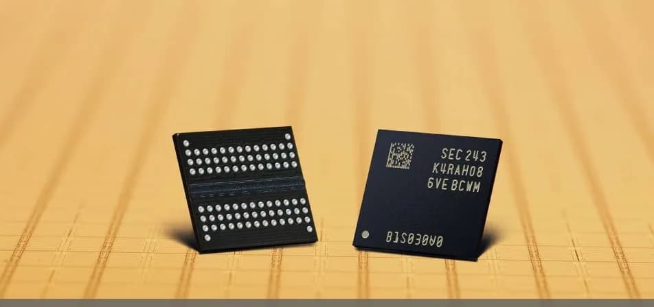 Samsungs DRAM- och NAND-minneschip som används i smartphones på ett kretskort