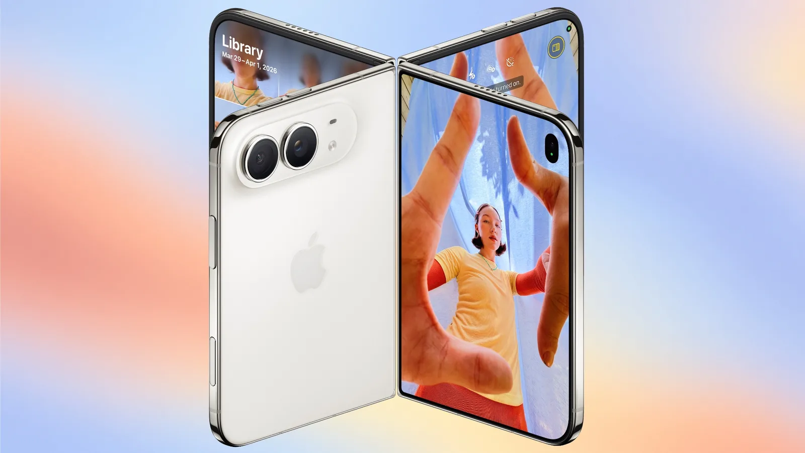 Apple iPhone Duo shown half-folded standing upright with cameras visible