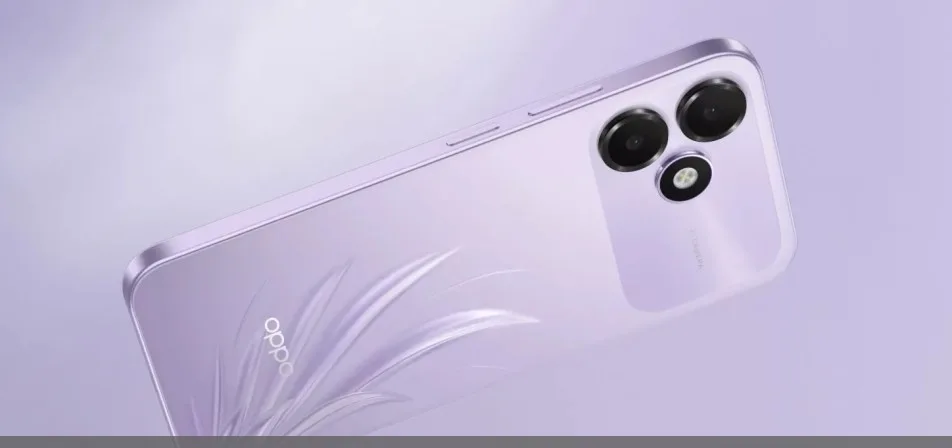 Oppo K14 Lite smartphone shown in Feather Purple and Stone Brown