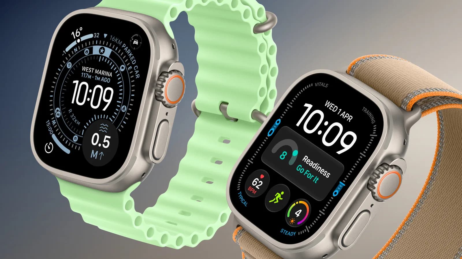 Apple Watch Ultra 4 ja Apple Watch Ultra 3 vierekkäin titaanirungolla