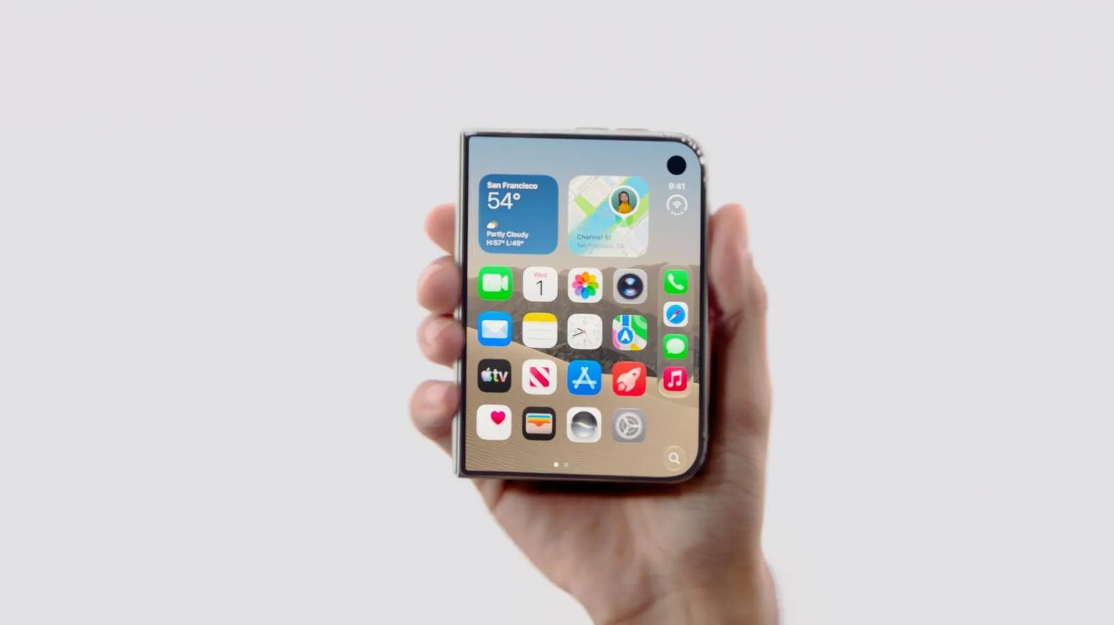 Apple's foldable iPhone Duo shown open, displaying its dual-screen layout and vertical dock