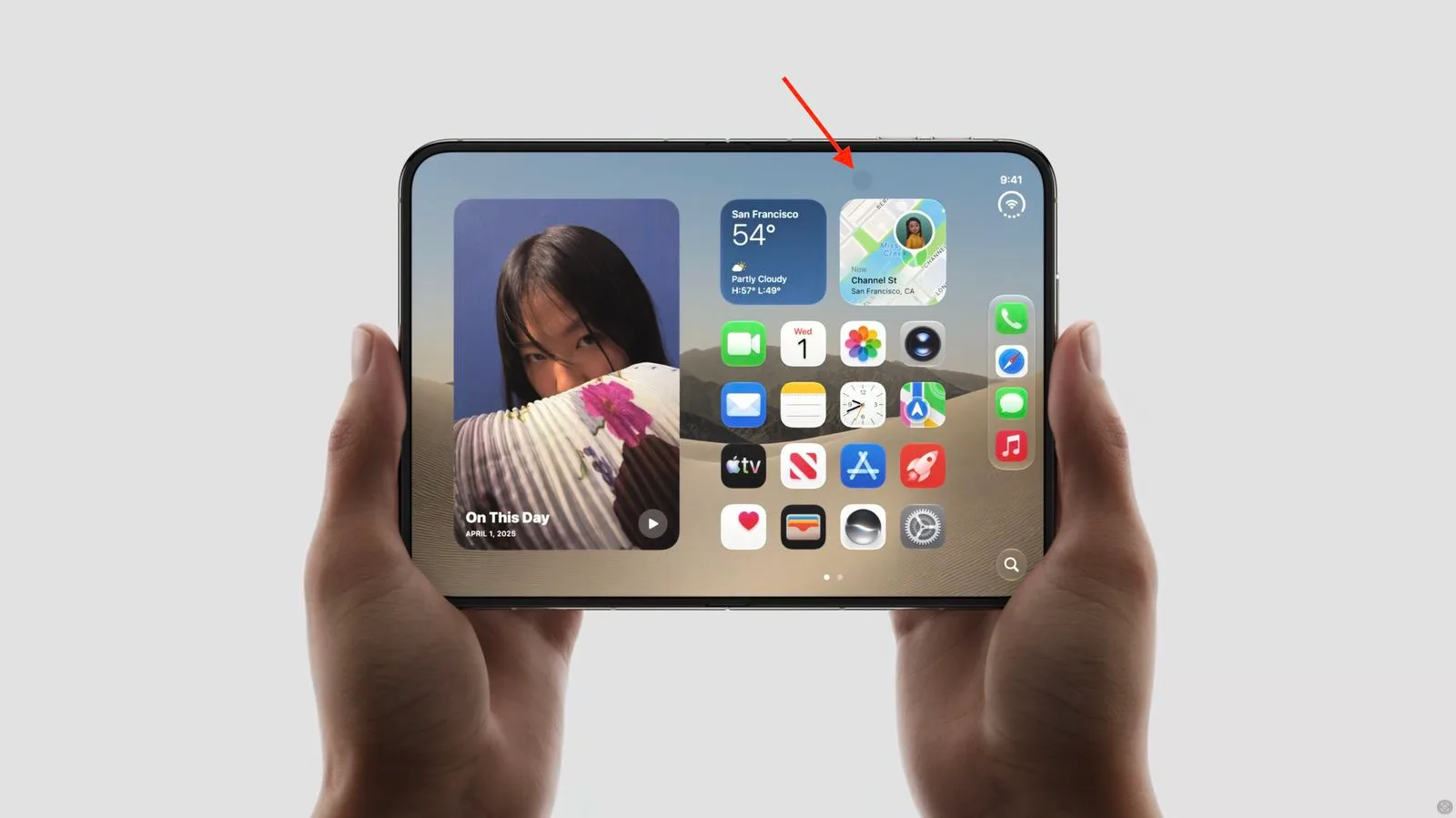 Close-up of the iPhone Duo's foldable inner display showing the under-display FaceTime camera area