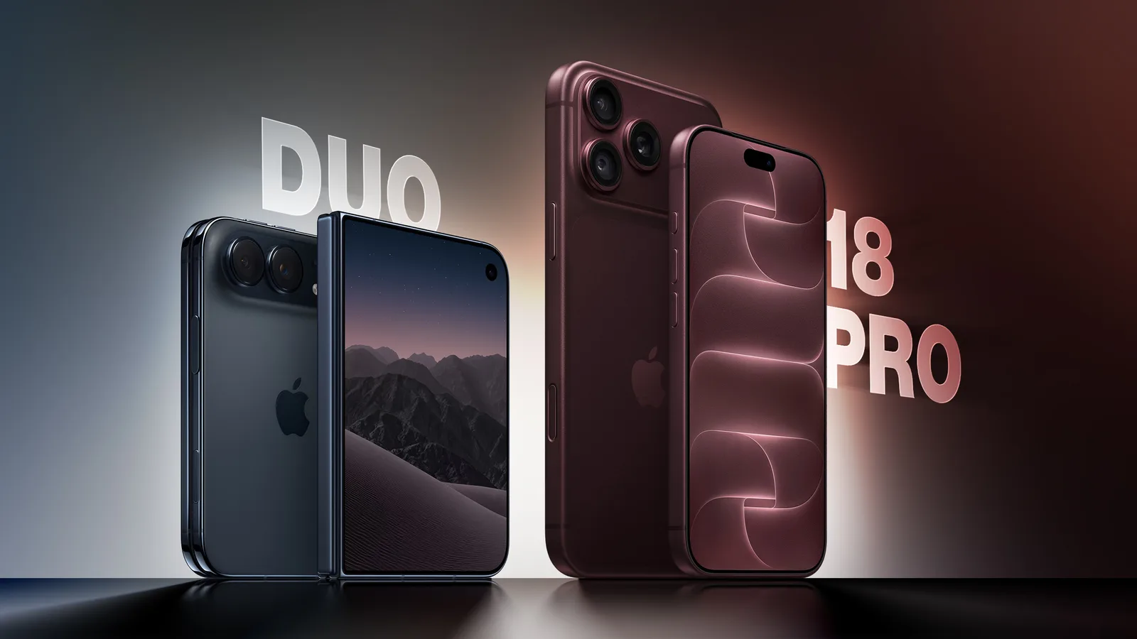 Apple iPhone 18 Pro bredvid den uppvikta vikbara iPhone Duo