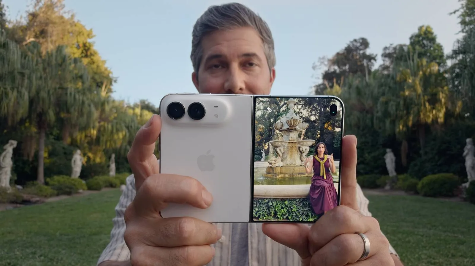 Apple's foldable iPhone Duo shown open, highlighting its Main camera module