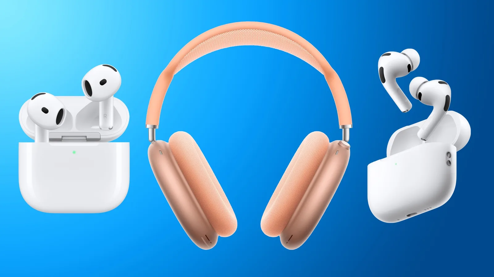 Applen AirPods 5 -kuulokkeet ja latauskotelo esillä vanhempien AirPods-mallien rinnalla