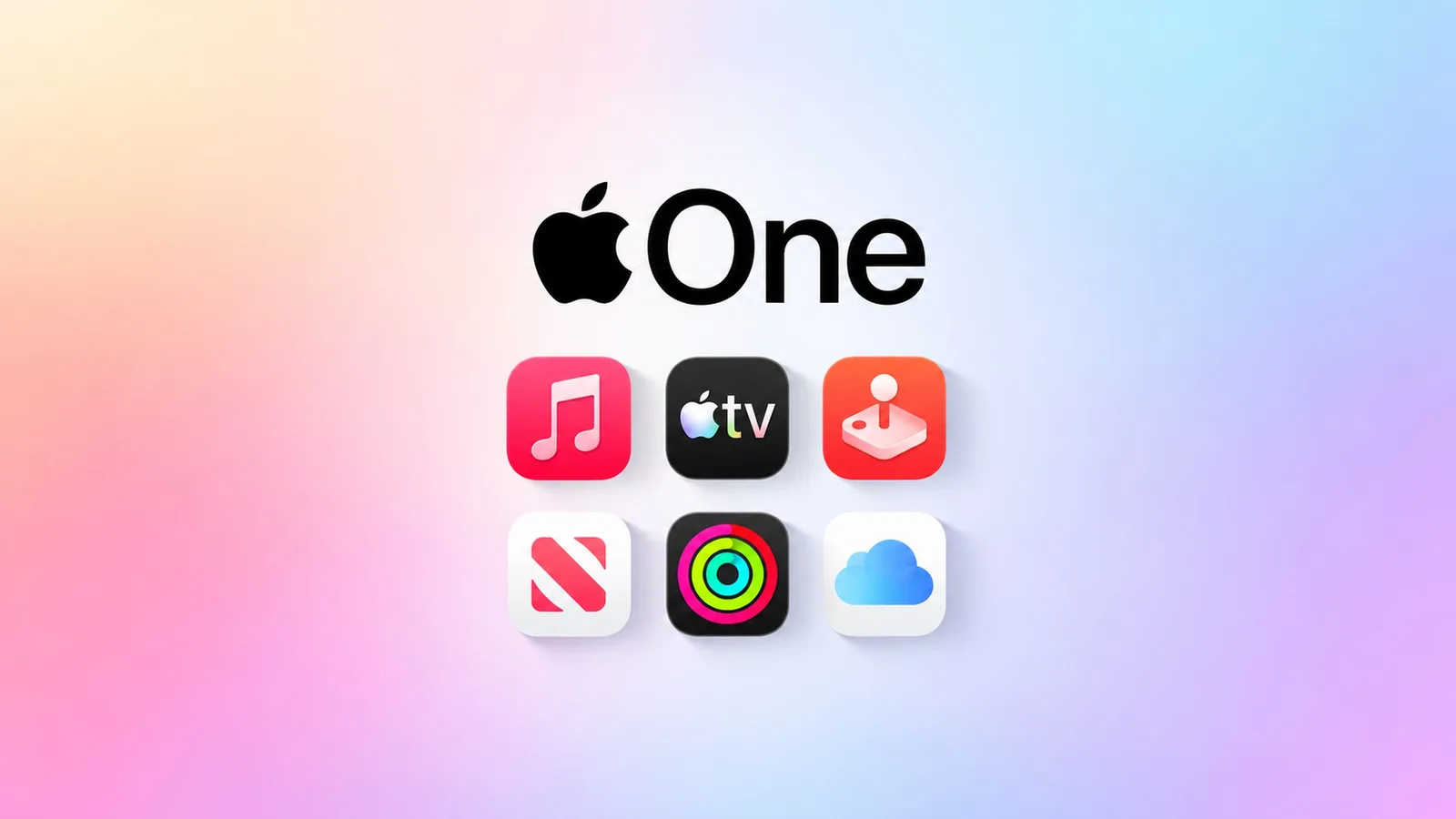 Apple One services displayed on an iPhone, iPad, and Mac