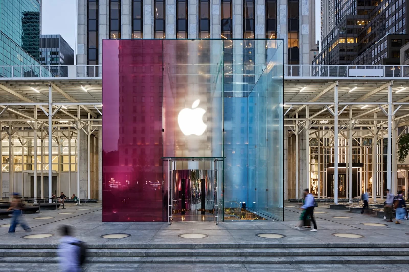 Apple Fifth Avenue's colorful glass cube entrance prepared for the iPhone 18 Pro launch