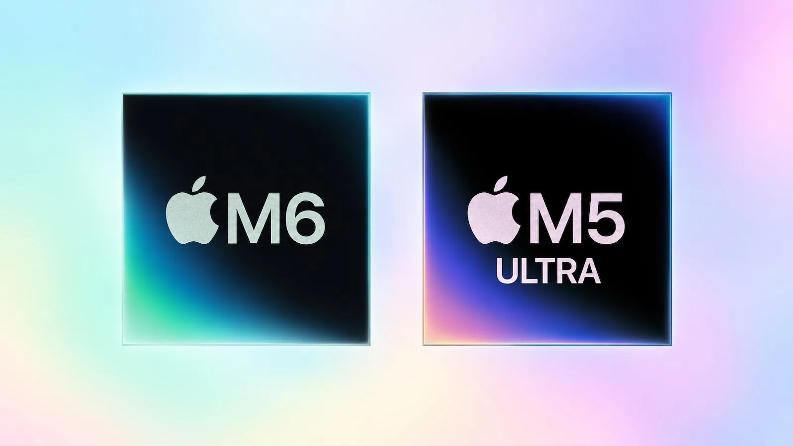 Иллюстрация чипов Apple silicon, представляющая результаты тестов GPU M5 Ultra и M6
