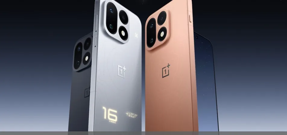 OnePlus 16 -älypuhelin mustana, oranssina ja harmaana
