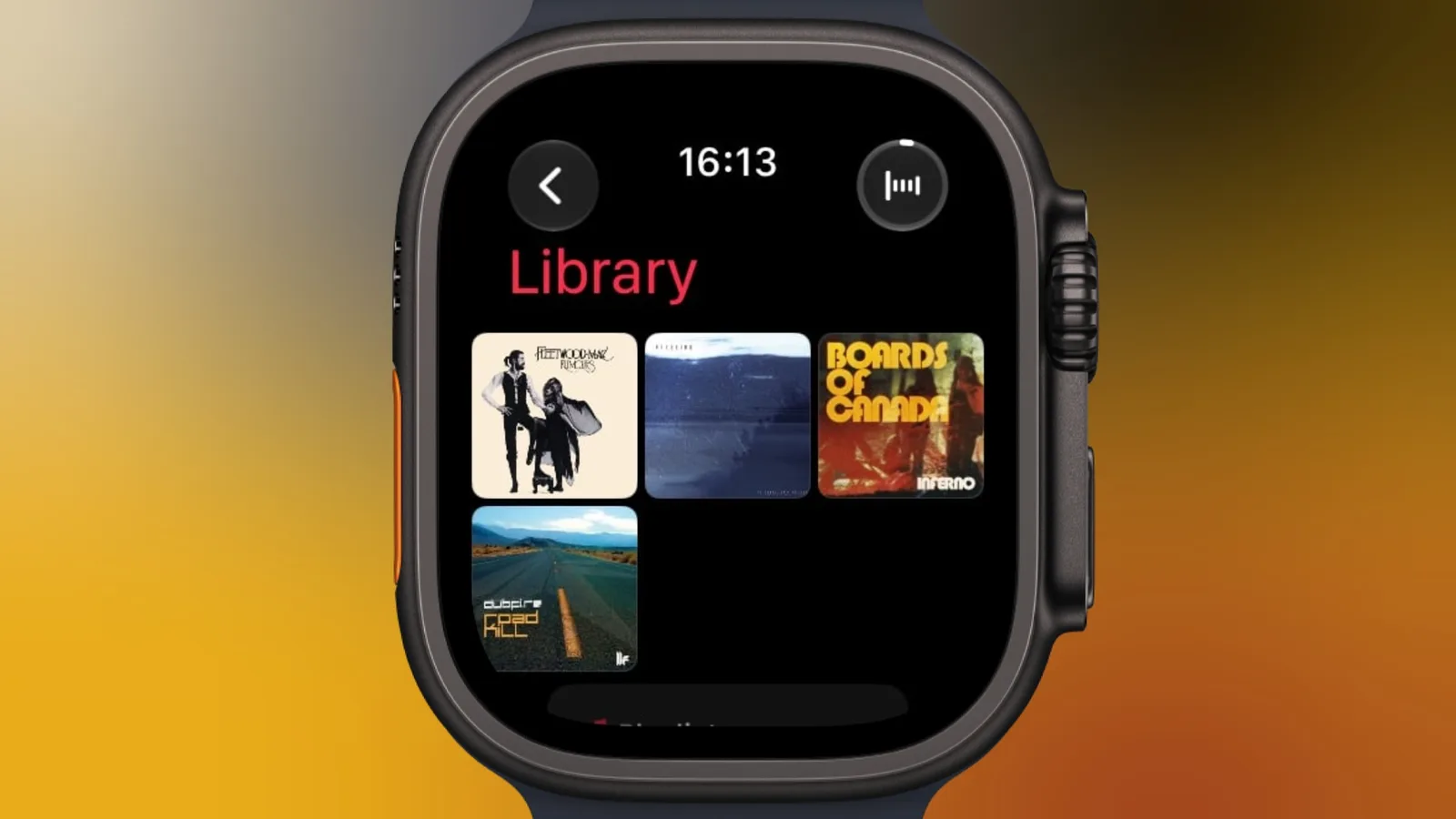 Apple Watch mit geöffneter Musik-App und angezeigter Mediathek