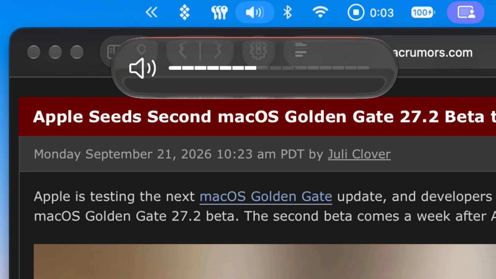 Mac desktop showing the redesigned macOS volume and brightness keyboard sliders