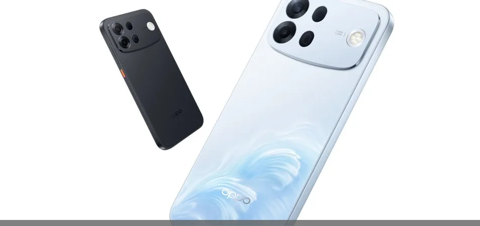 Oppo A7 Pro Max-smarttelefon vist i fargen Surfing Blue