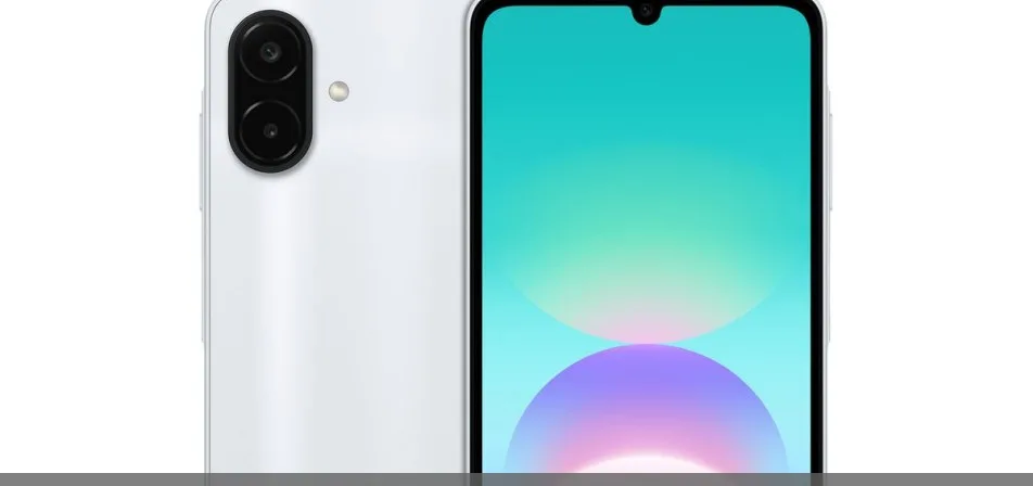 Samsung Galaxy A08 in Silver showing its rear camera module and display