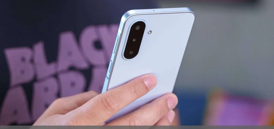 Samsung Galaxy A18 smartphone in its subtle Light Blue finish