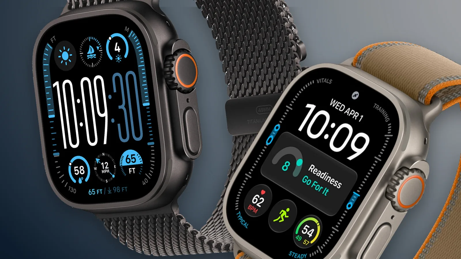 Apple Watch Ultra 2 et Ultra 4 avec boîtiers en titane côte à côte