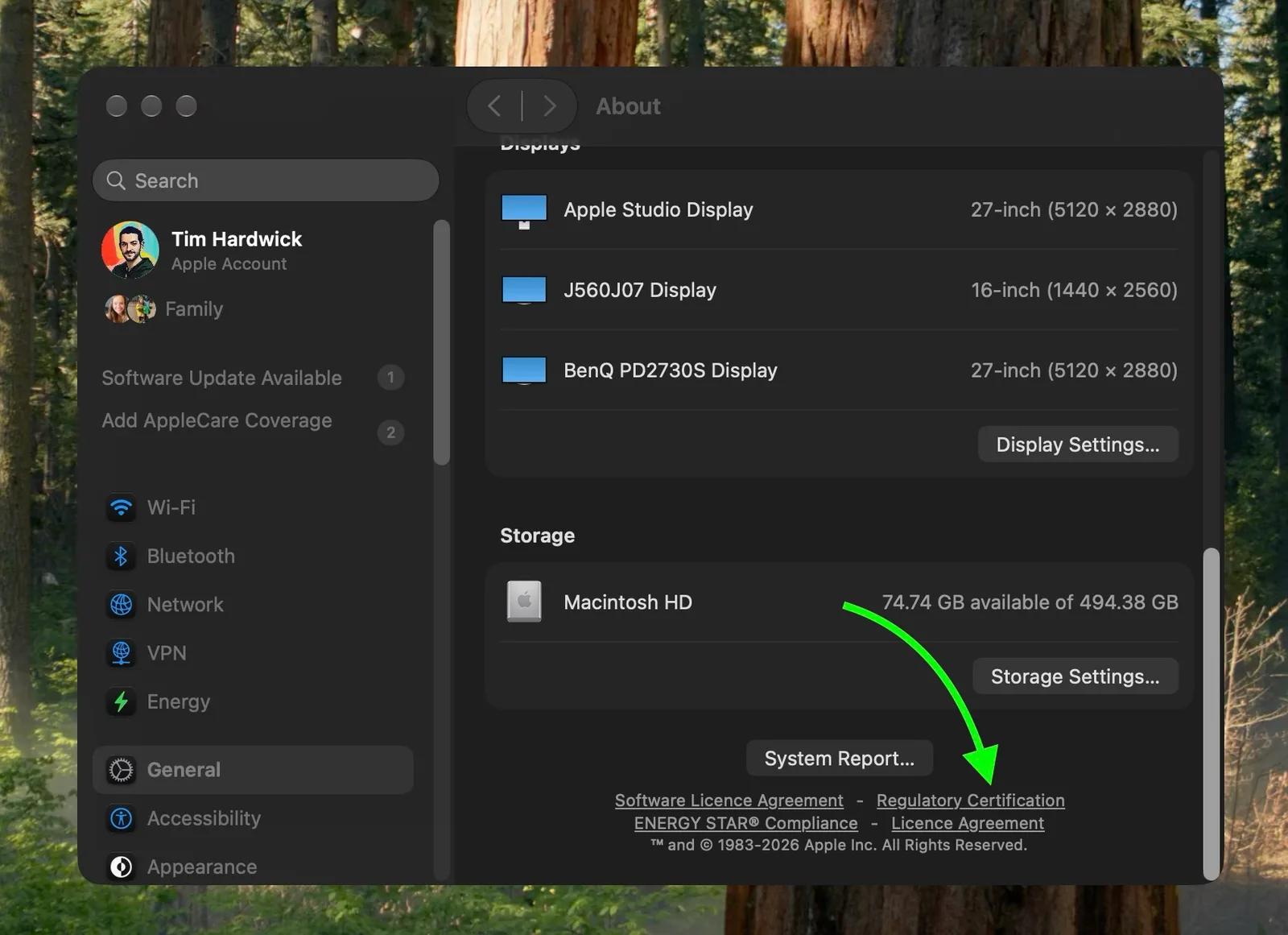 MacBook displaying the Regulatory Certification page in macOS 27