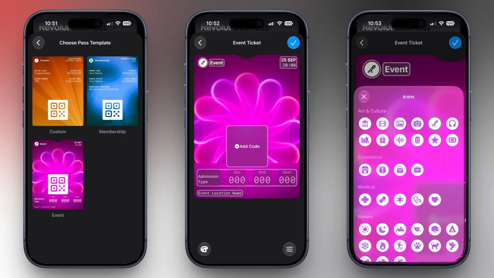 iPhone с пользовательским пропуском на мероприятие в приложении Apple Wallet
