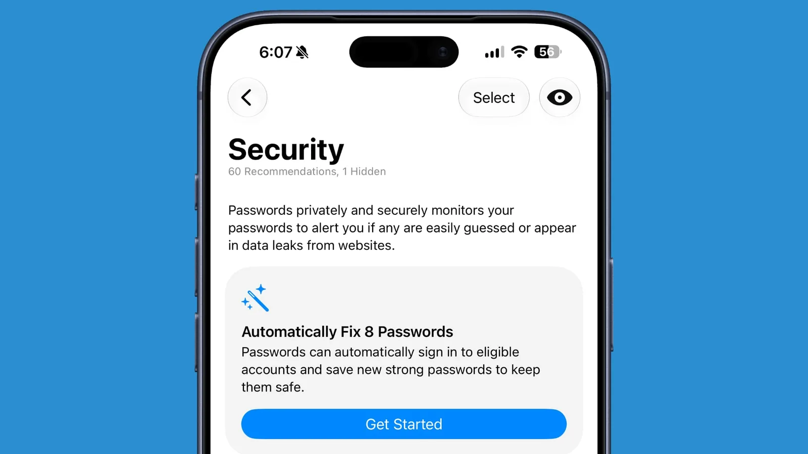 iPhone, jossa näkyy iOS 27:n aloitusnäyttö Messages- ja Passwords-sovelluskuvakkeineen