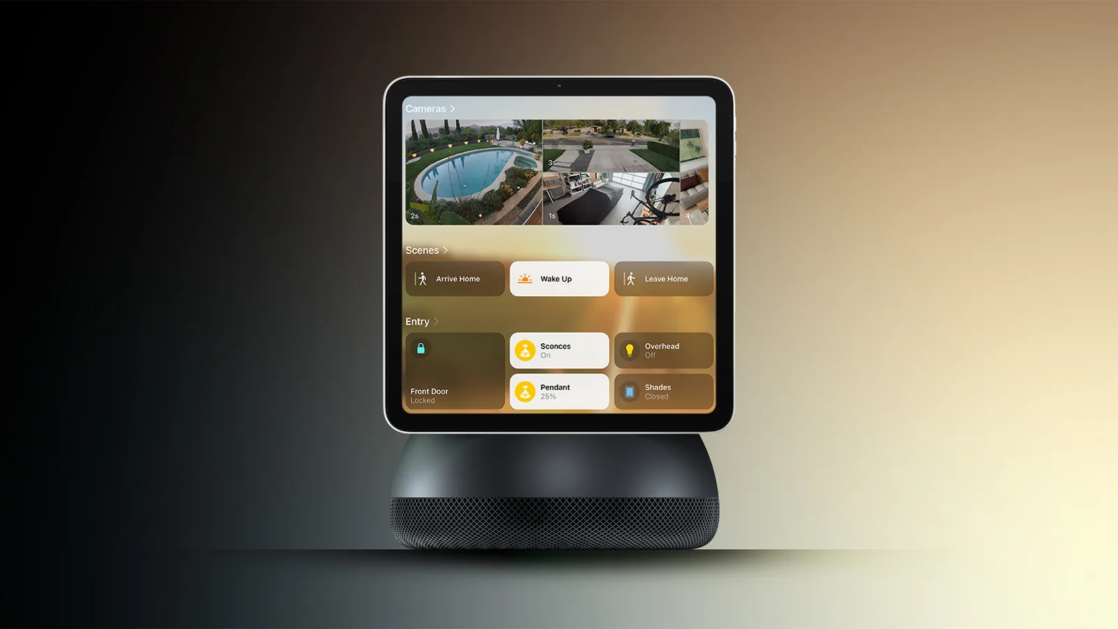 Konceptbild av Apples smarta hemhub med fyrkantig skärm ovanför en rundad högtalarbas i metall