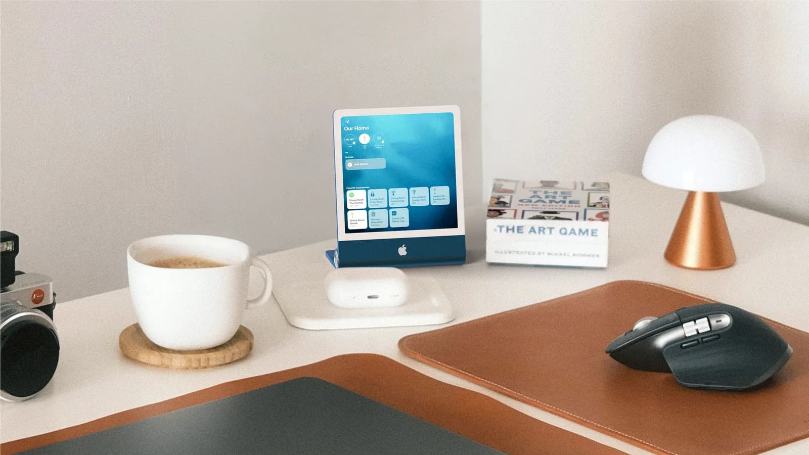 Concept dell'hub smart home Apple con display quadrato e base con altoparlante