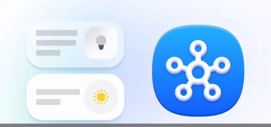 Redesigned Samsung SmartThings app Home tab showing smart-home device controls