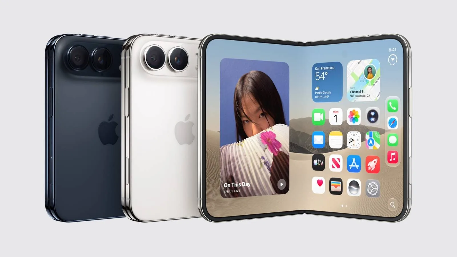 An iPhone foldable device shown open to reveal a large interior display