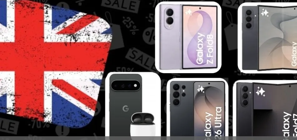 Samsung-Galaxy-Falthandys neben einer Amazon-Prime-Rabattaktion