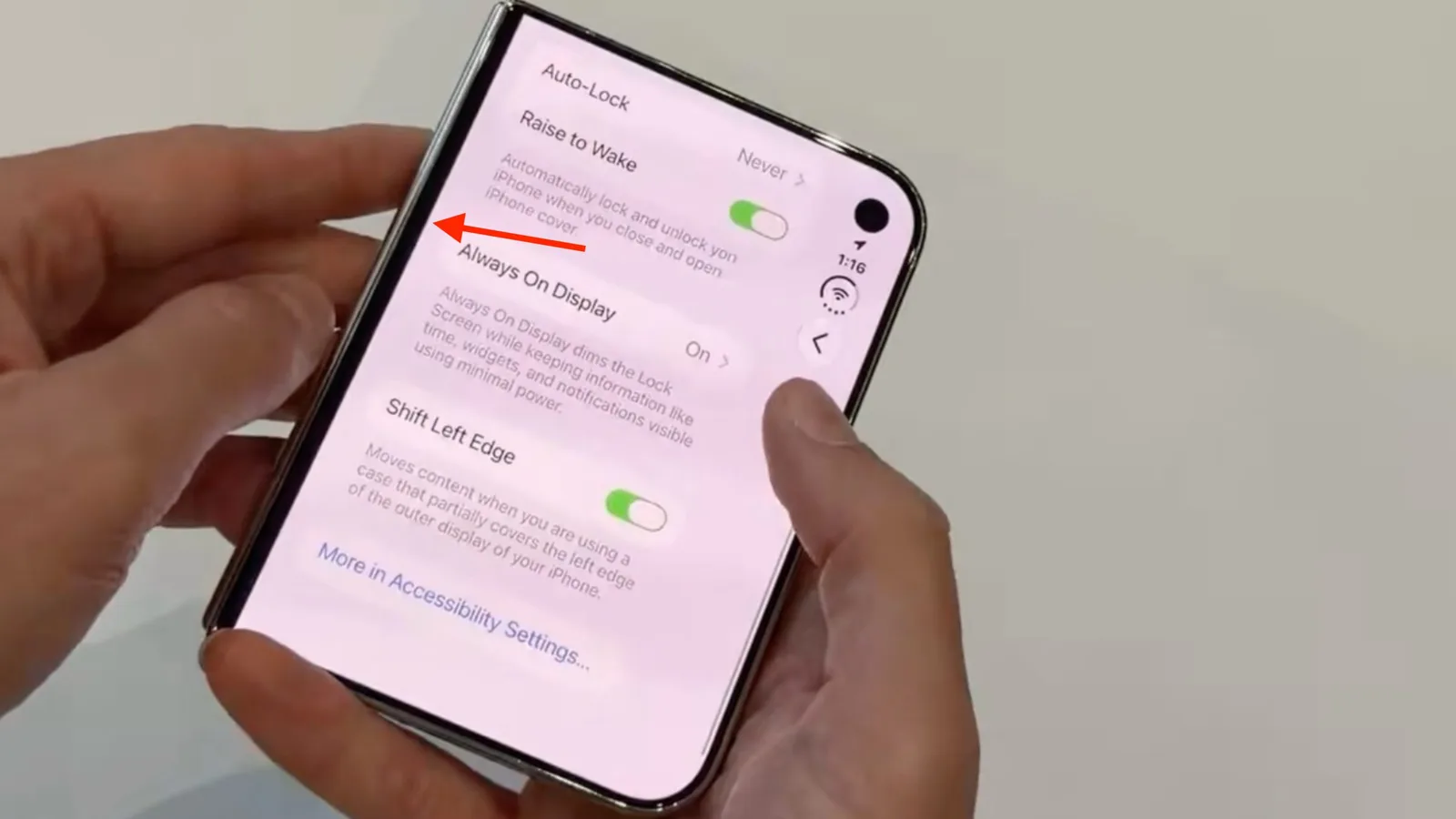 Apple iPhone Duo foldable phone showing the display and left-side screen border