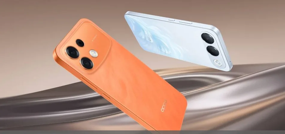 Oppo F35 Pro in Sunrise Orange neben Angaben zu seinem 8.000-mAh-Akku