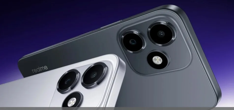 Realme P4s Lite smartphone shown in Moonlight Silver and Nebula Black