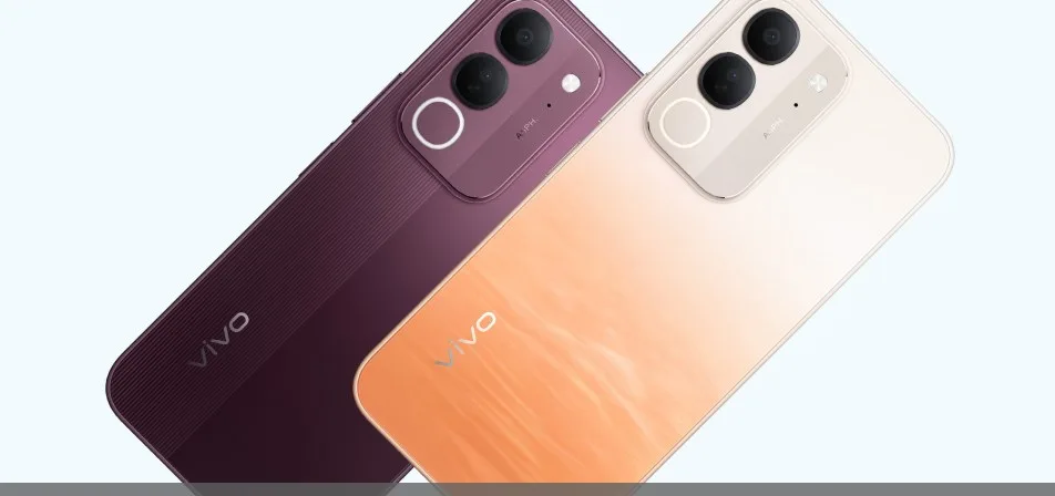 Smartphone vivo Y32 présenté dans ses coloris Twilight Red et Sunset Orange