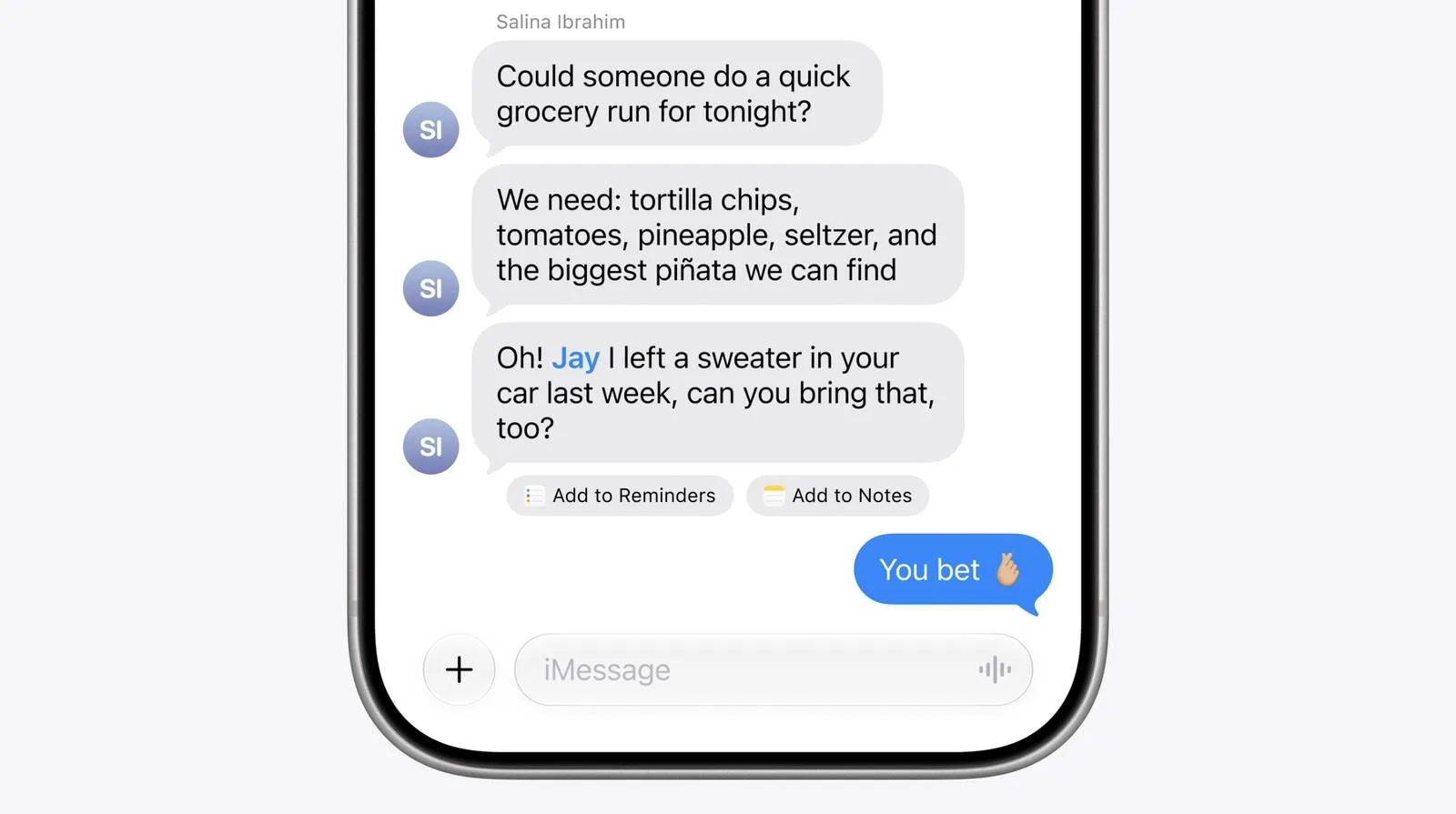iPhones Meddelanden-app med kontroller för föreslagna åtgärder i iOS-inställningarna