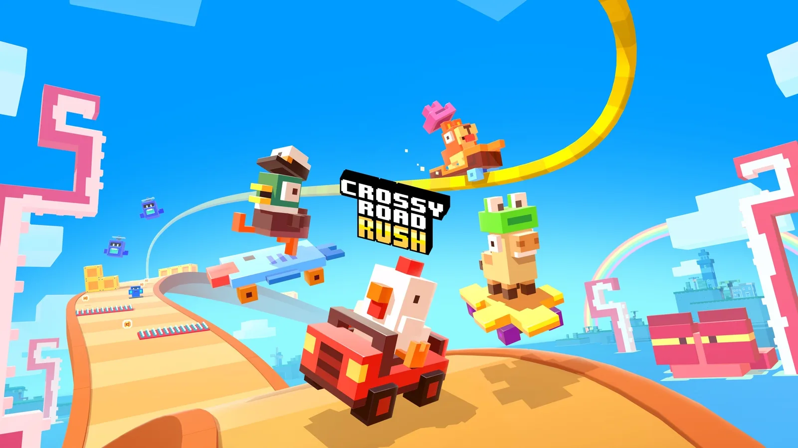 Crossy Road Rush game artwork showing an island obstacle course