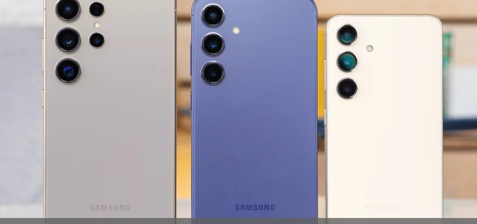 Samsung Galaxy S24 beside the Galaxy Z Fold6 and Z Flip6 showing a software update