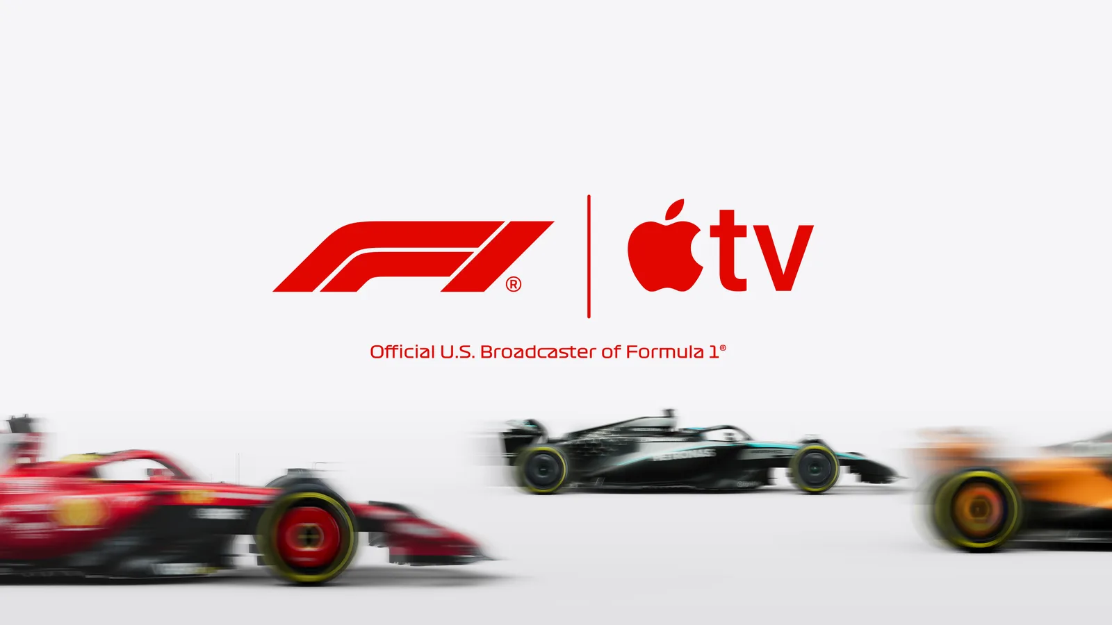 Formula 1-biler kjører race på en bane under en Apple TV-sending