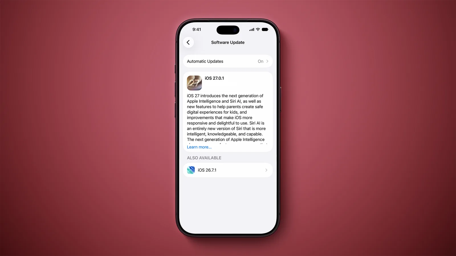 Skjermbildet Programvareoppdatering på iPhone viser iOS 27.0.1 som primær oppdatering