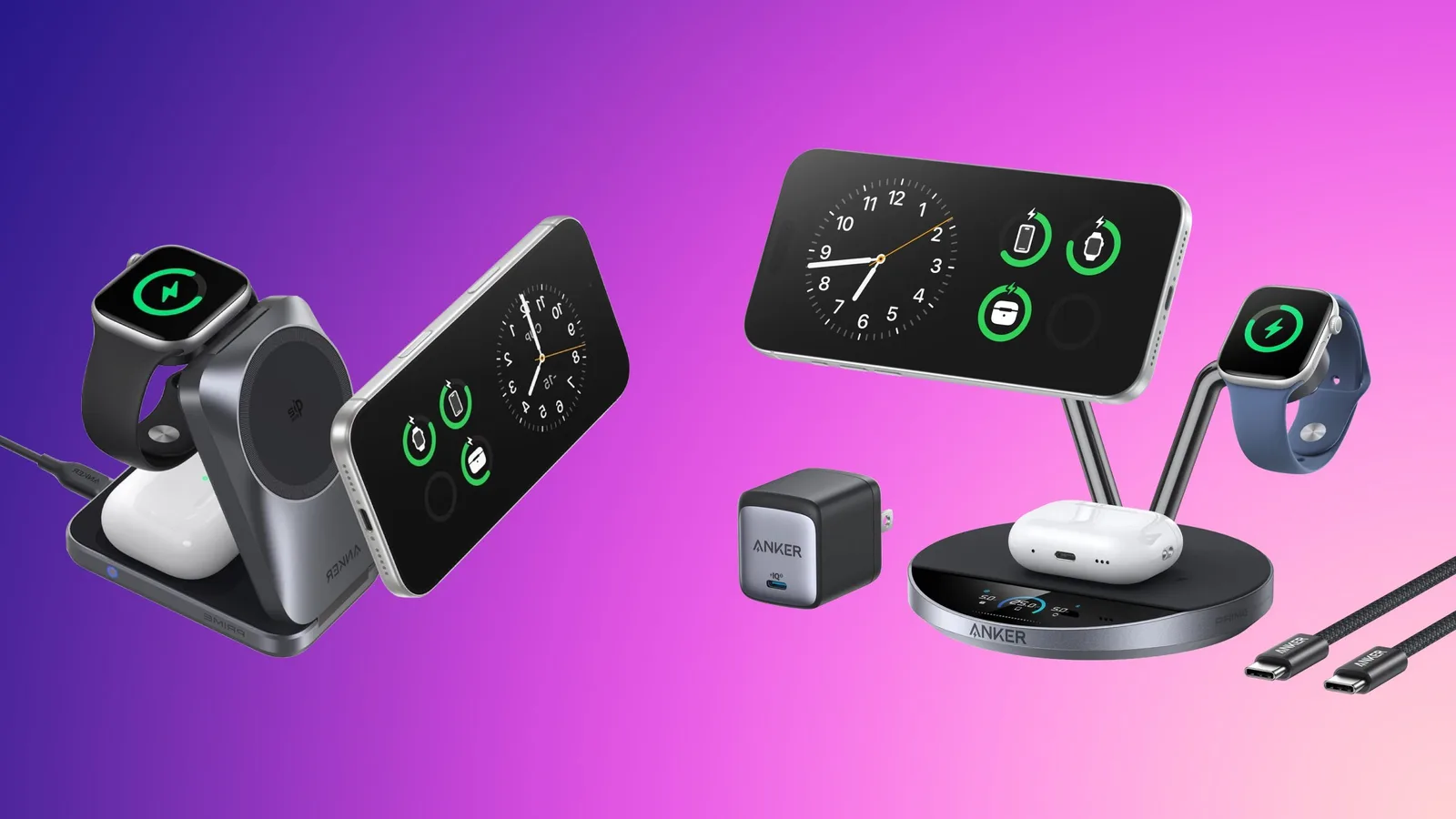 MagSafe-Ladeständer mit einem iPhone neben AirPods und einer Apple Watch