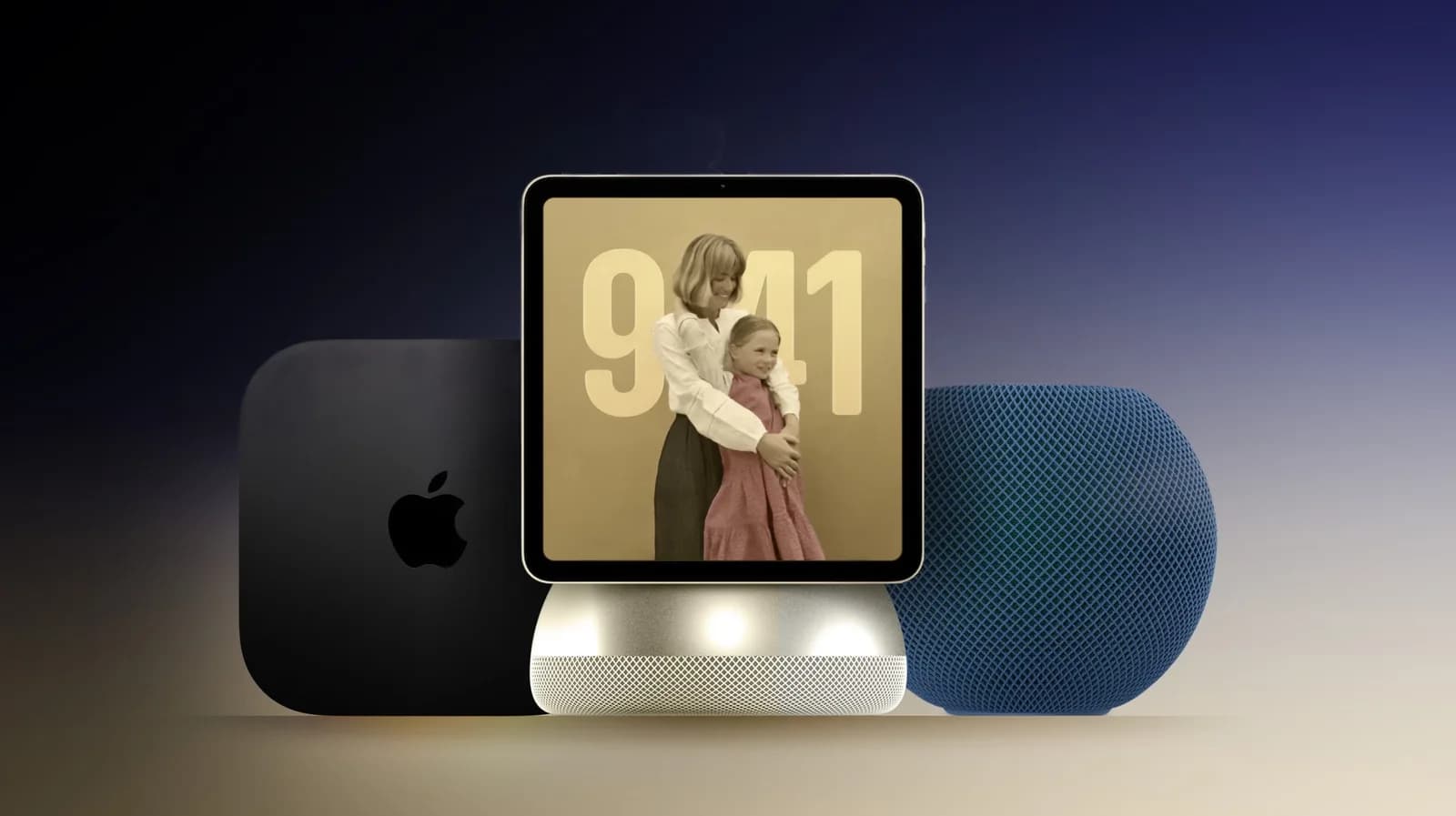 Apples rapporterade HomeView-hubb för smarta hem bredvid en HomePod mini och Apple TV 4K