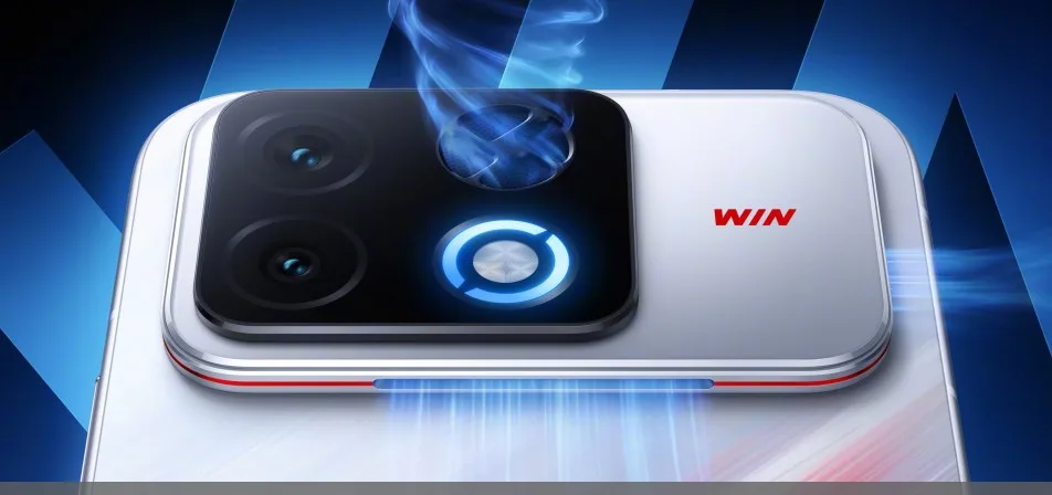 Teaser dello smartphone Honor Win 2 con ampio modulo fotografico e ventola di raffreddamento integrata