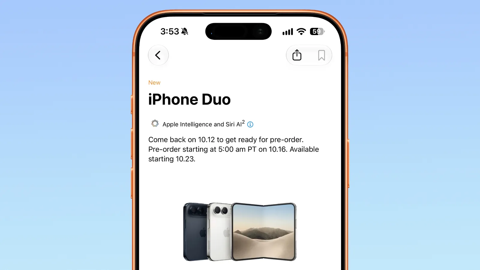 Page produit Apple de l’iPhone Duo affichant les options de préparation des précommandes
