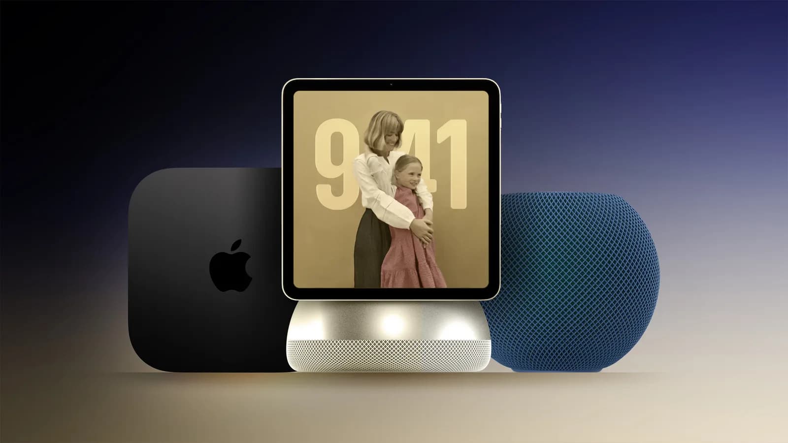 Apple HomeView hub alongside an Apple TV 4K and HomePod mini