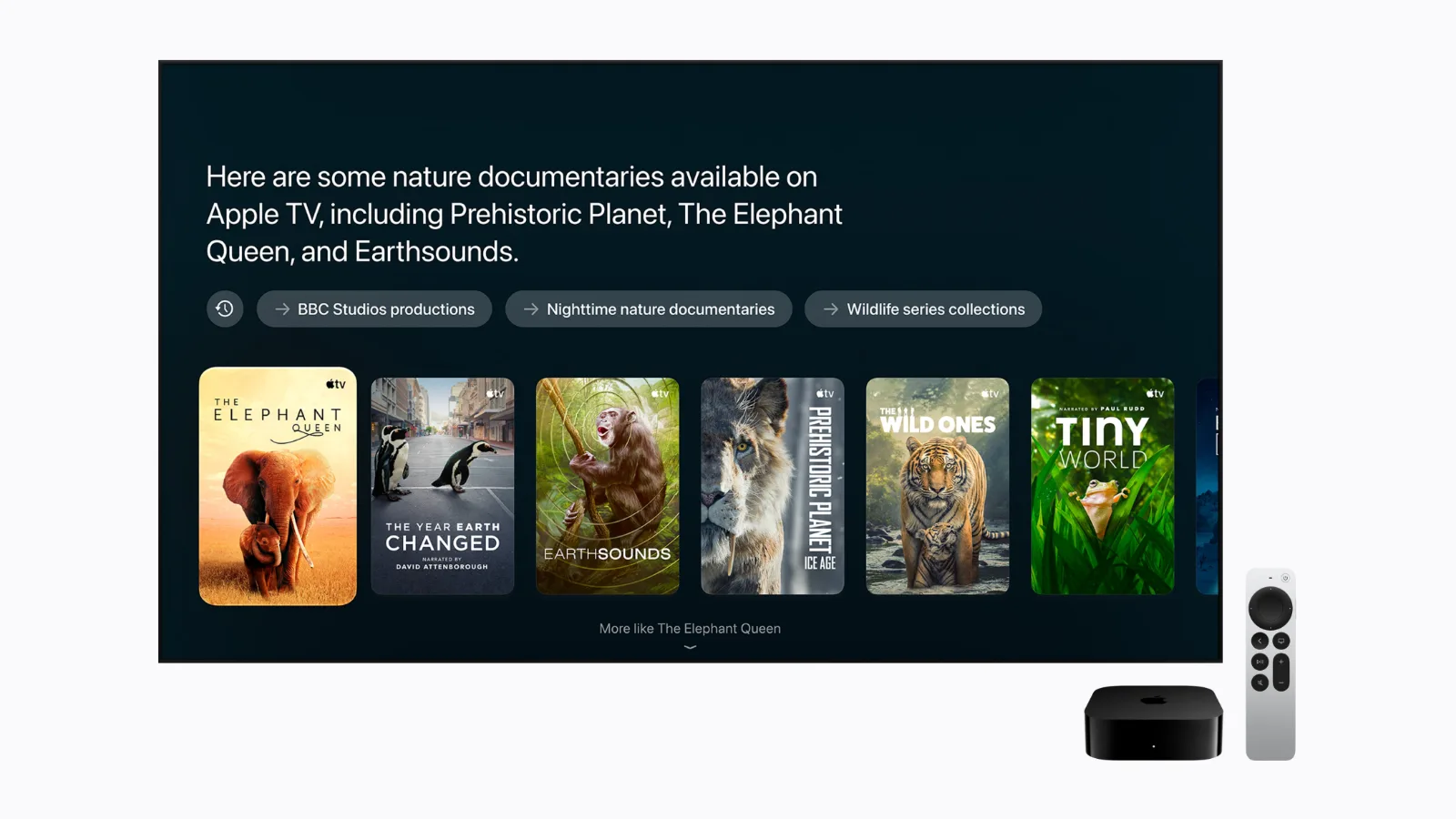 Apple TV 4K device and Siri interface showing AI-powered entertainment search