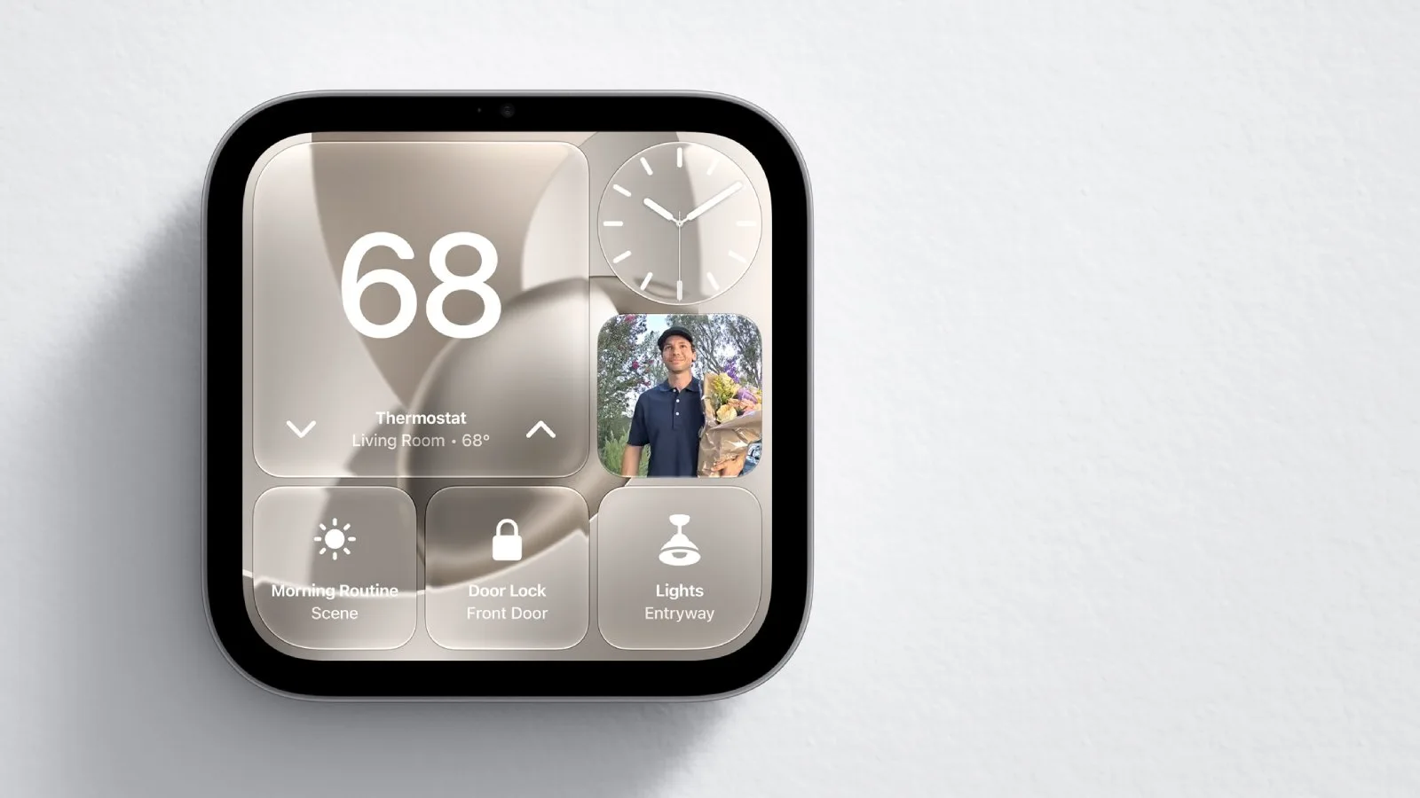 Apple HomeView wall-mounted smart home hub displayed on a wall