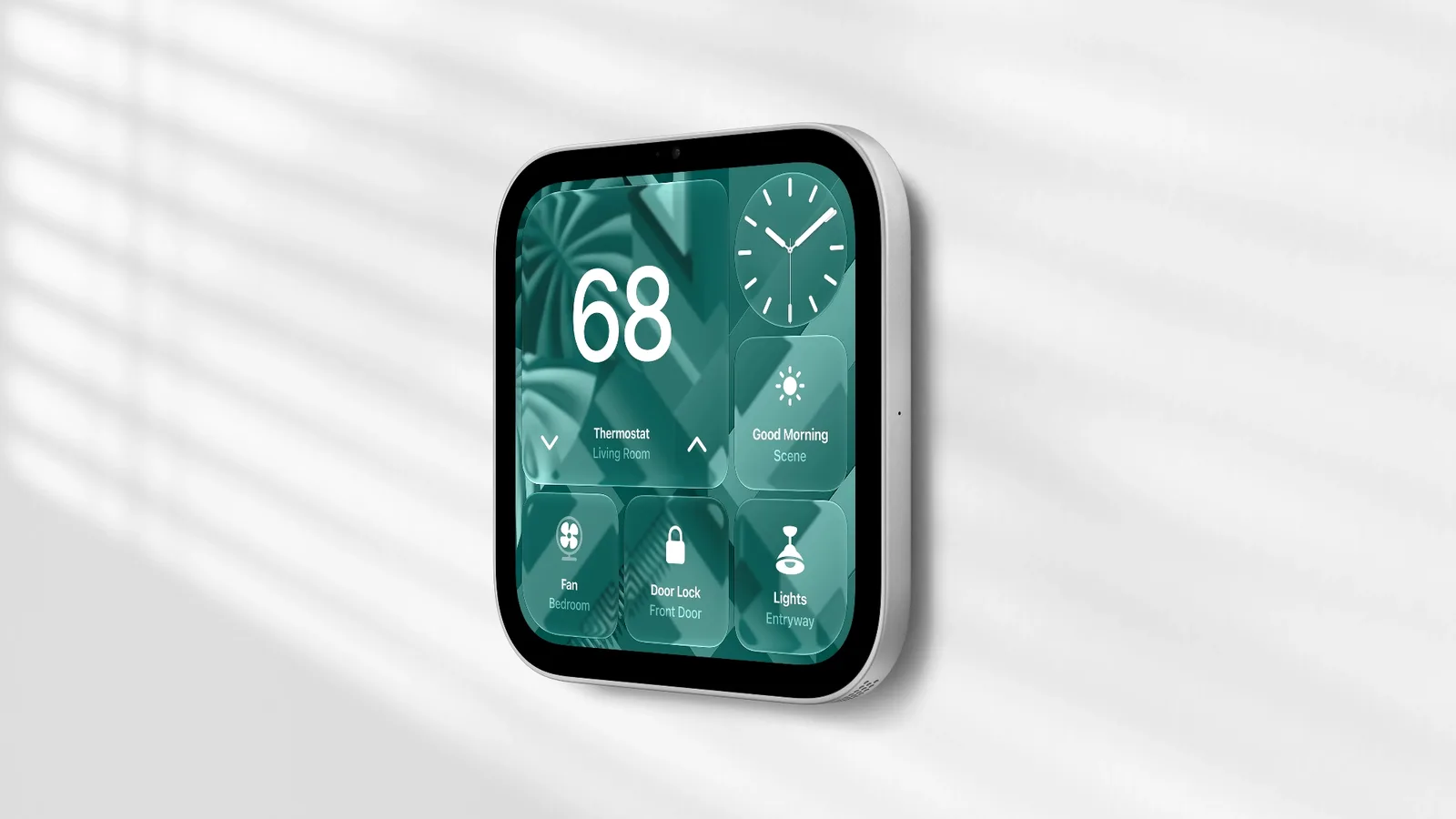 Apple HomeView-skjerm vist i veggmontert konfigurasjon